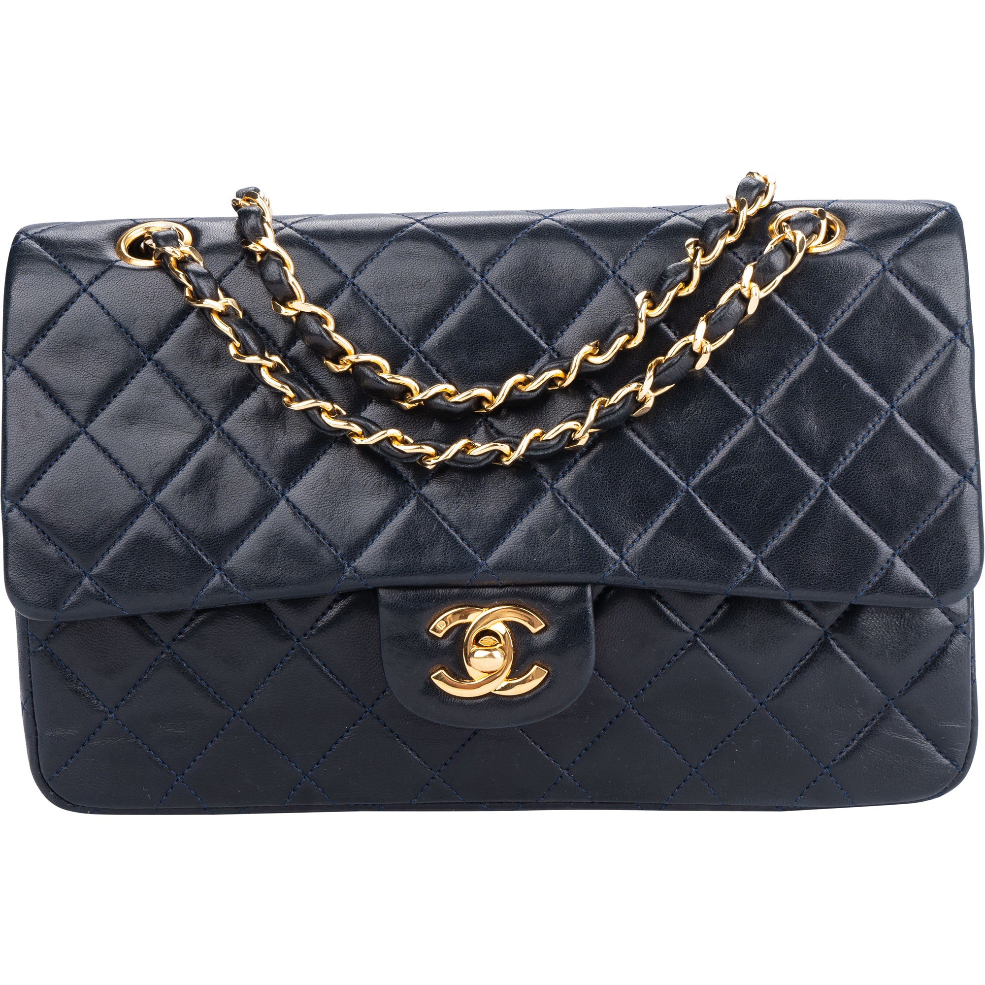 Chanel Quilted Navy Lambskin 24K Gold Medium Double Flap Crossbody Bag vintageandkickz