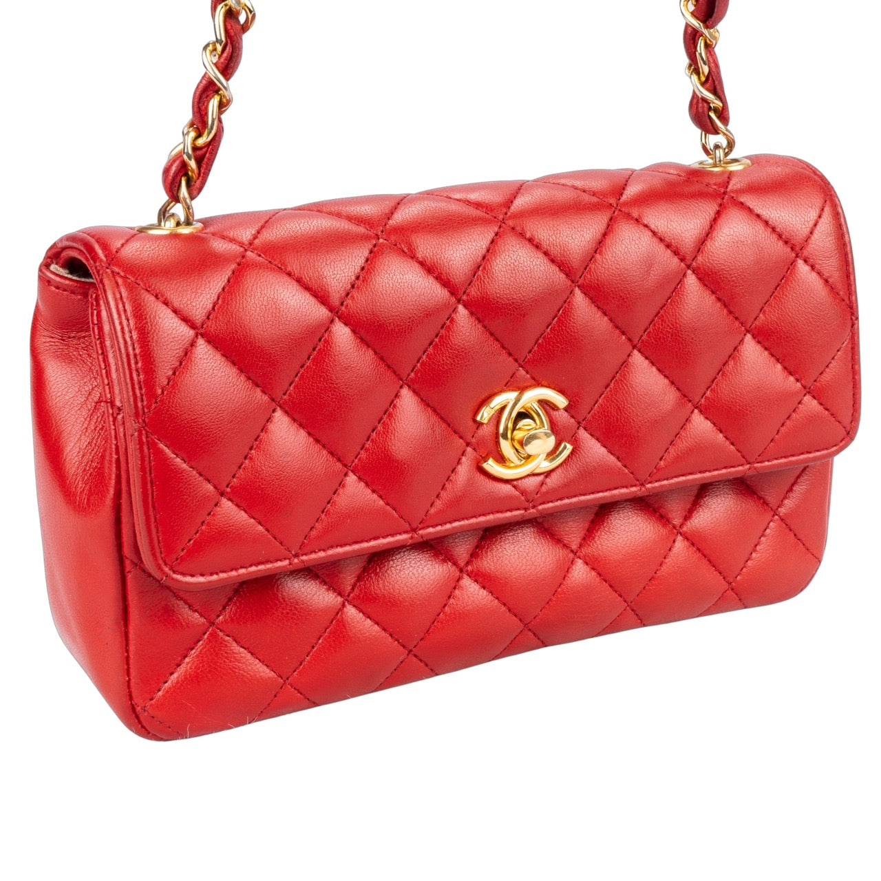 Chanel Red Quilted Lambskin Mini Crossbody Single Flap Bag