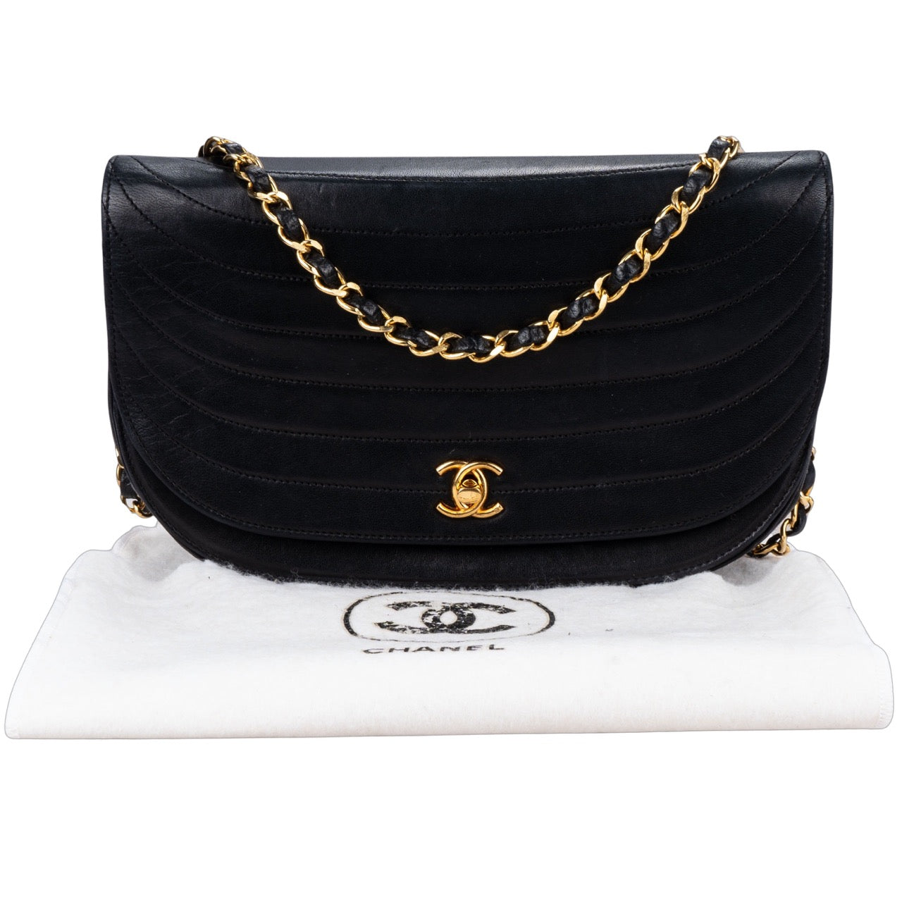 Chanel Quilted Lambskin 24K Gold Single Flap Halfmoon Bag