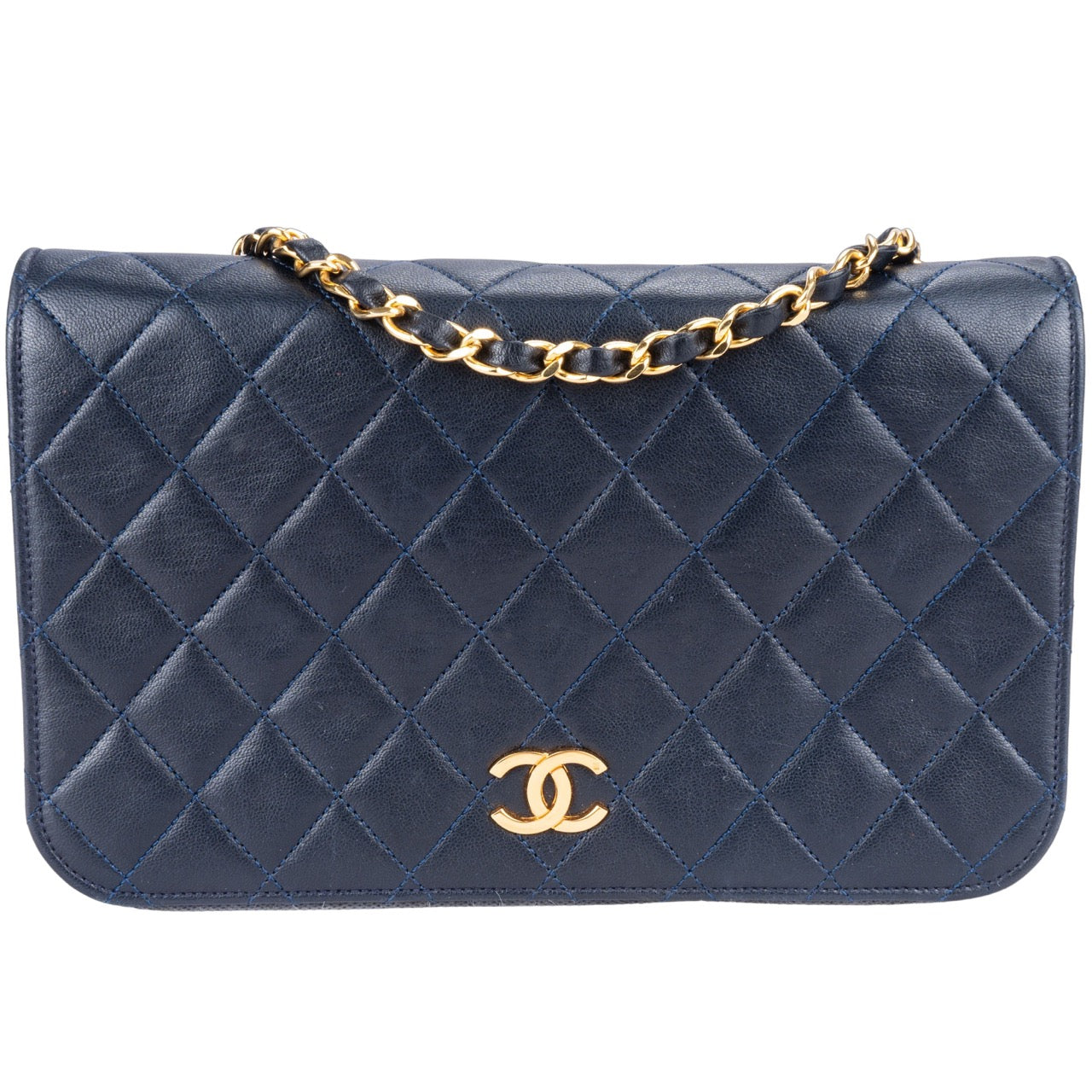 Chanel Quilted Navy Lambskin 24K Gold Single Flap Bag