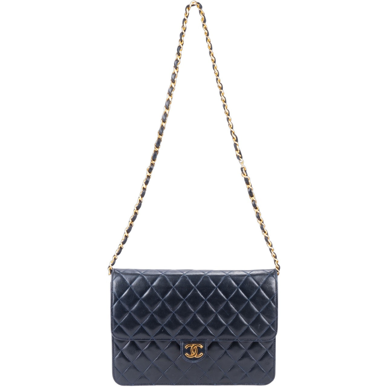 Chanel Navy Quilted Lambskin 24K Gold Single Flap Bag