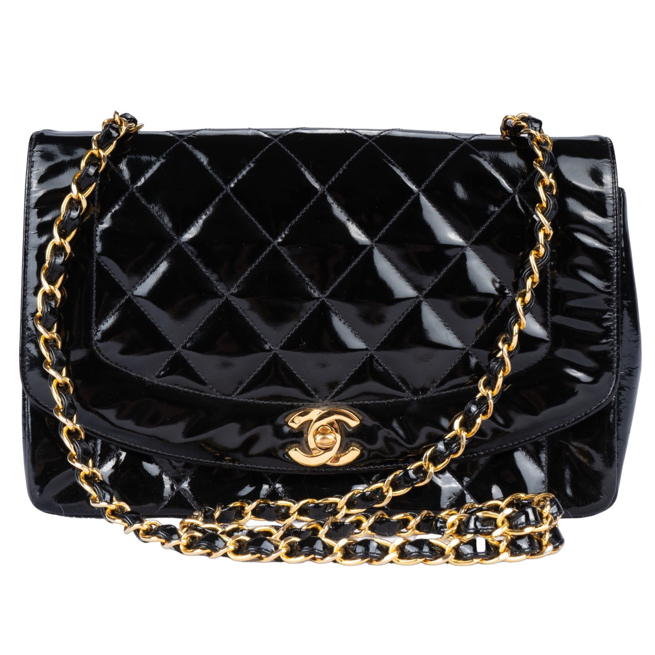 Chanel Patent Leather 24K Single Flap Diana Crossbody Bag
