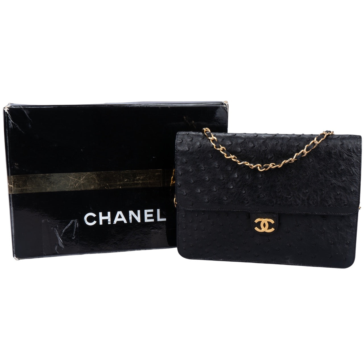 Chanel Ostrich Leather 24K Gold Single Flap Bag