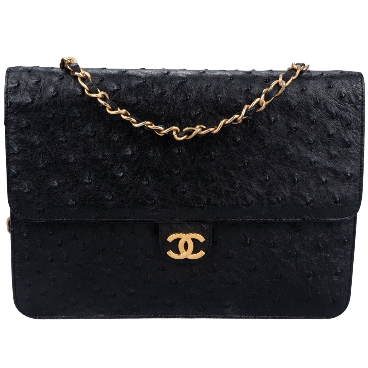 Chanel Ostrich Leather 24K Gold Single Flap Bag
