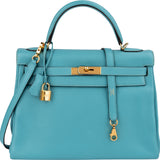 Hermès Taurillon Clemence Leather Gold Kelly 32 Handbag Blue Saint-Cyr
