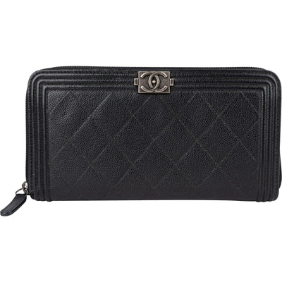 Chanel Caviar Leather Quilted Small Boy Zip Around Wallet - vintageandkickz