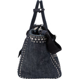 Prada Studded Perforated Denim Suede Handle Shopper Handbag