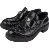Prada Black Brushed Spazzolato Leather Triangle Mokassins Loafers (37)