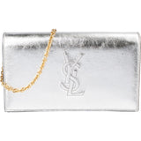 Saint Laurent Silver Metallic Leather Belle De Jour Wallet On Chain Crossbody Bag