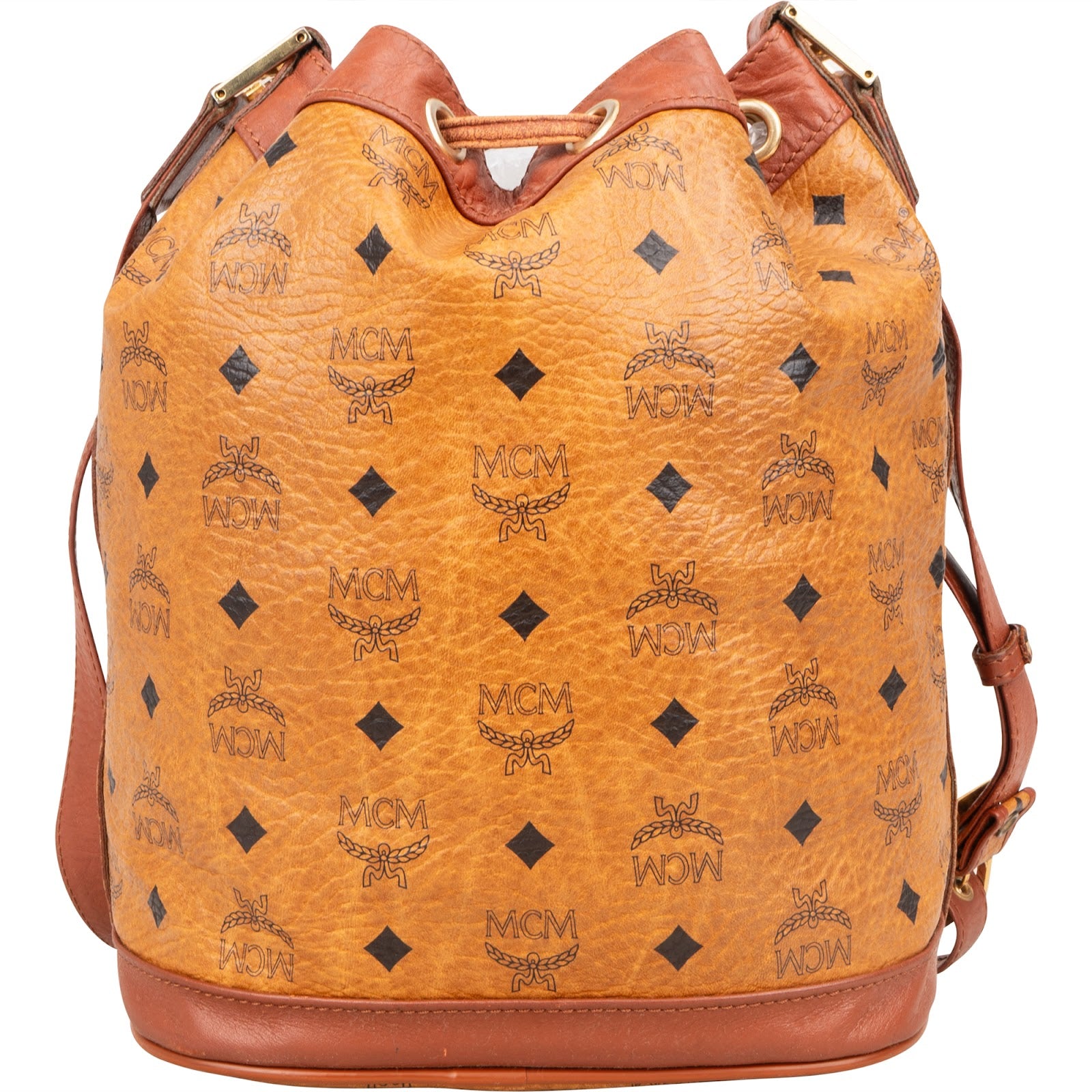MCM Monogram Visetos Drawstring Bucket Crossbody Bag - vintageandkickz