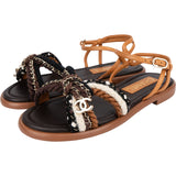 Chanel Multicolor Leather Tweed Braided Rope Chain CC Sandals (37)