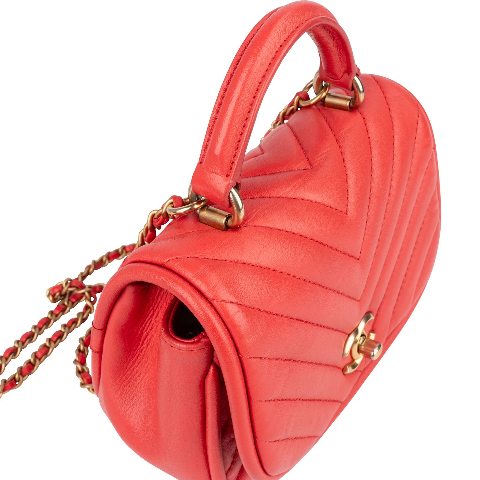 [🔄️B06 / F15] Chanel Red Leather Chevron Lambskin Mini Flap Bag with Top Handle Handbag - vintageandkickz