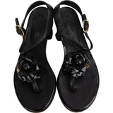 Chanel Black Leather Camellia Flower Thong Strap Sandals (35)