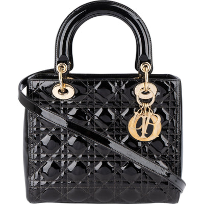 Christian Dior Quilted Patent Leather Lady Dior Handbag - vintageandkickz