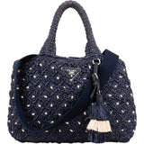 Prada Woven Raffia Polka-Dot Tote Shoulder Handbag