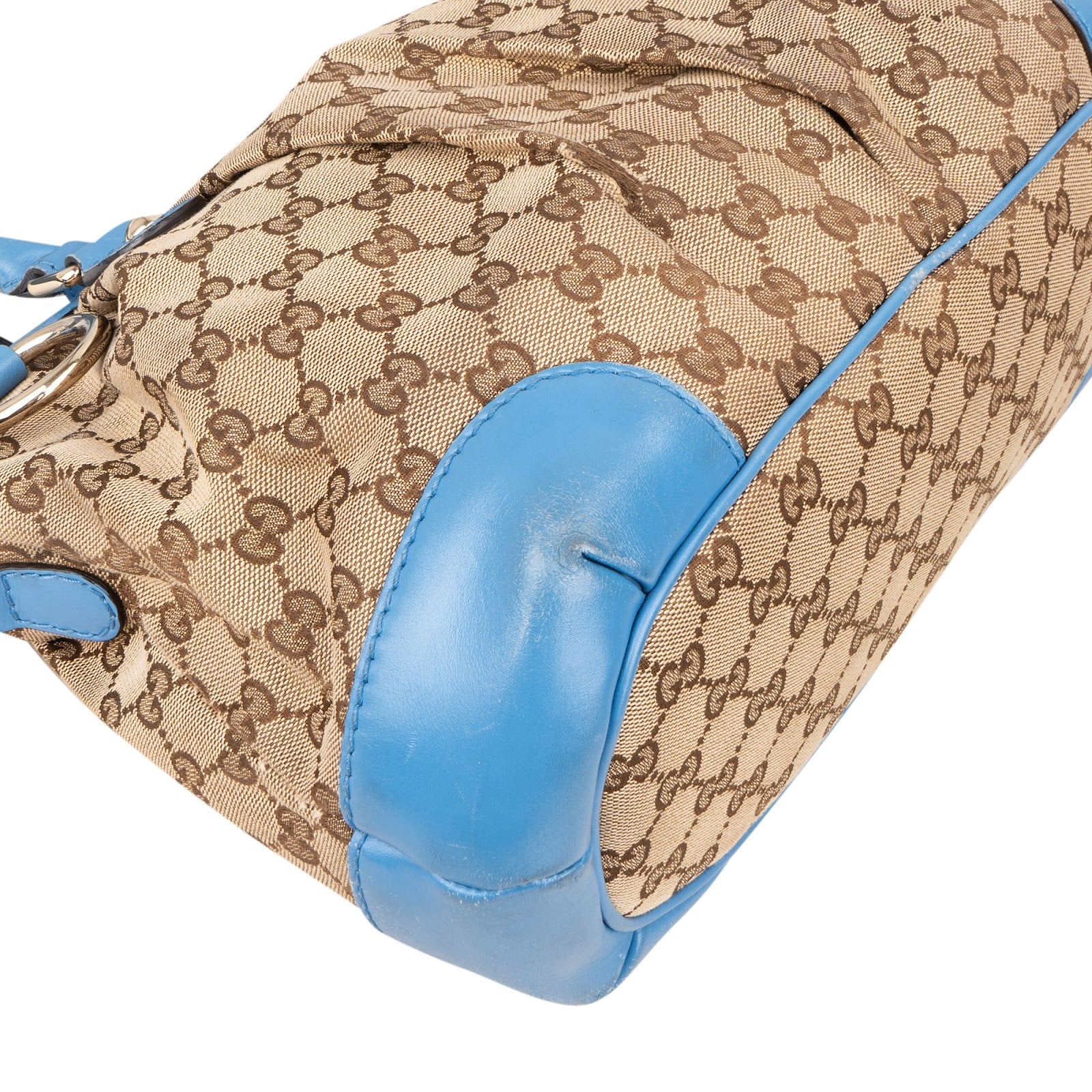 [🔄️B07 / F44] Gucci Blue Leather GG Canvas Sukey Medium Handbag - vintageandkickz