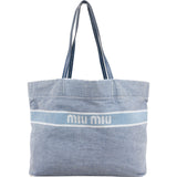 Miu Miu Denim Striped Emblem Tote Shoulder Bag