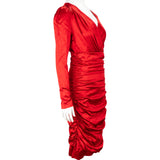 Dolce & Gabbana Red Silk Ruched V-Neck Longsleeve Dress (IT42)