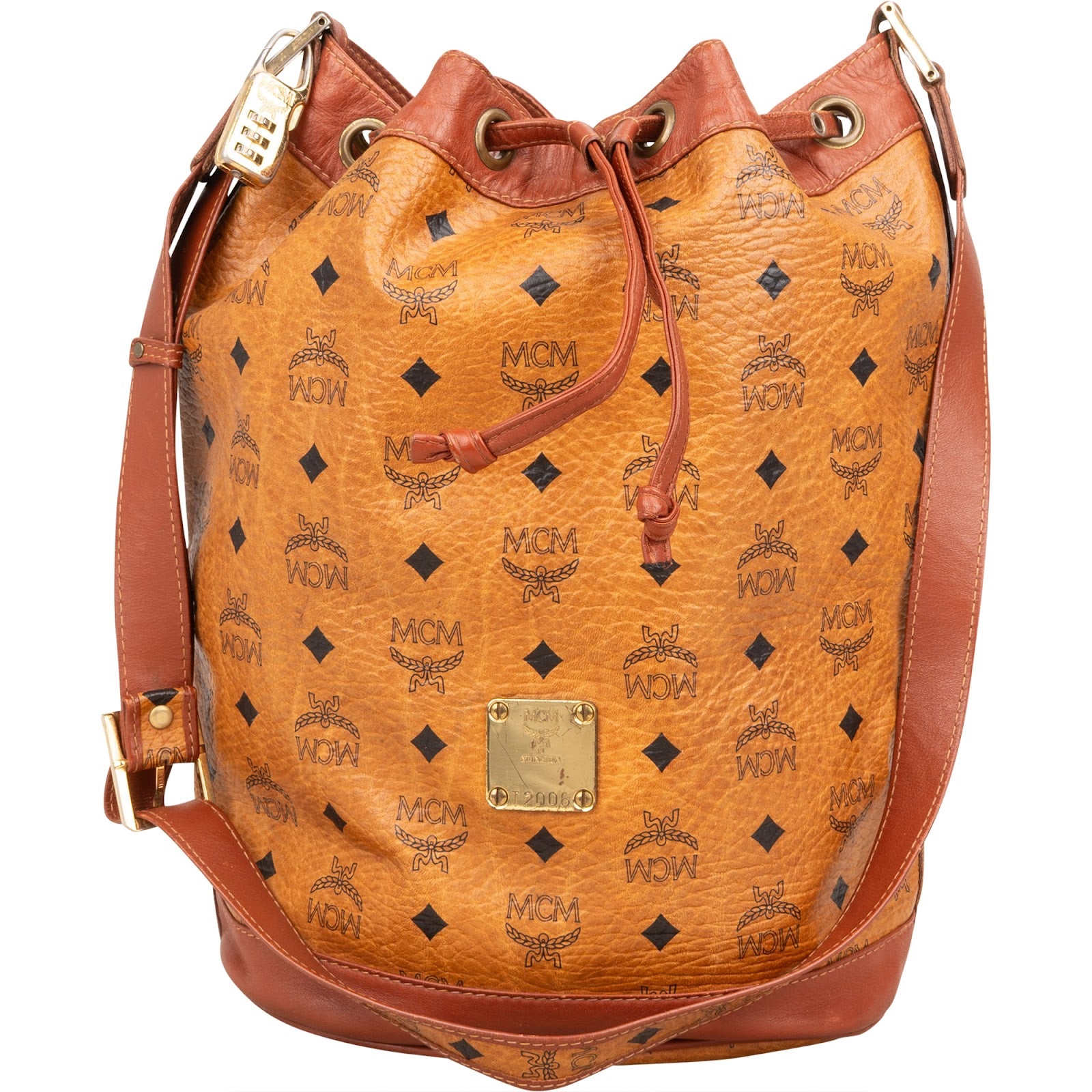 MCM Monogram Visetos Drawstring Bucket Crossbody Bag - vintageandkickz