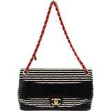 Chanel Striped Cotton Leather Single Flap Crossbody Bag