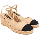 Chanel Beige Leather Cap Toe CC Tweed Wedge Espadrilles Sandals (40)