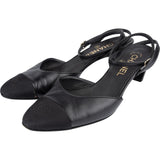Chanel Black Leather Cap Toe Slingback Kitten Heels (37,5)