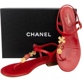 Chanel Red Leather CC Clover Medallion Thong Sandals (38)