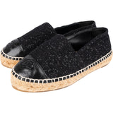Chanel Black Sequin Tweed Leather CC Espadrilles Shoes (35)