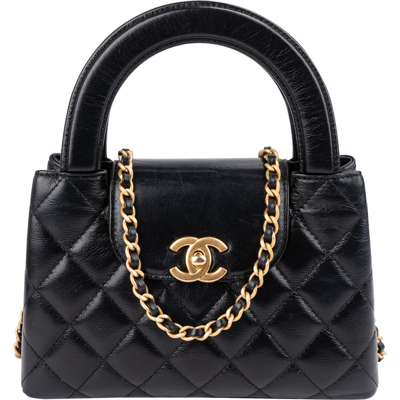 Chanel Black Leather Quilted Lambskin Nano Kelly Top Handle Crossbody Handbag