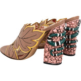 Gucci Brown Leather Webby Autumn Leaf Applique Snake Studded Heel Mule Sandals (37,5)