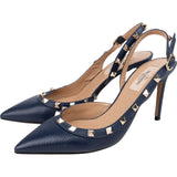Valentino Garavani Grained Navy Calfskin Rockstud Slingback Pumps (37,5)