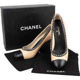 Chanel Bicolor Leather Pearl Embellished Cap Toe Pumps (37)