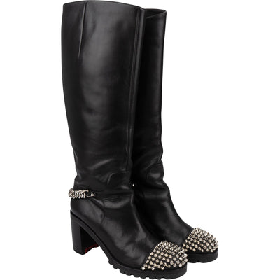 Christian Louboutin Black Leather Trapman Spikes Knee High Boots (36)