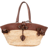 Miu Miu Leather Studded Flower Raffia Basket Shoulder Bag