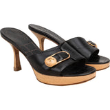 Chanel Black Leather Wooden Platform CC Emblem Mules (36)