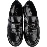 Prada Black Spazzolato Triangle Leather Loafer Shoes (39)