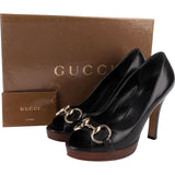 Gucci Black Leather Horsebit Malaga Peep Toe Platform Pumps (35)
