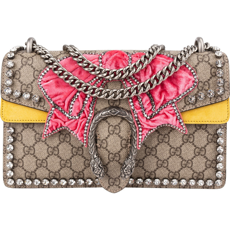Gucci Monogram GG Supreme Canvas Suede Crystal Embellished Velvet Ribbon Dionysus Shoulder Bag