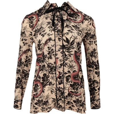 Gucci Beige Multicolor Floral Snake Print Silk Longsleeve Bow Blouse (IT40)