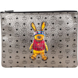 MCM Monogram Visetos Metallic Rabbit Zip Pouch Clutch