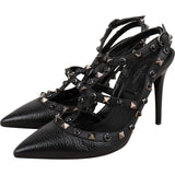 Valentino Garavani Black Grained Leather Rockstud Caged Sandals Pumps (36)