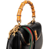 Gucci Black Leather Monogram Bamboo Top Handle 1947 Handbag