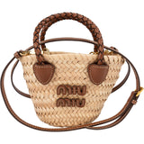 Miu Miu Brown Leather Raffia Bucket Mini Crossbody Handbag