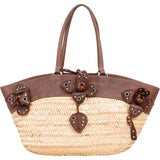 Miu Miu Leather Studded Flower Raffia Basket Shoulder Bag