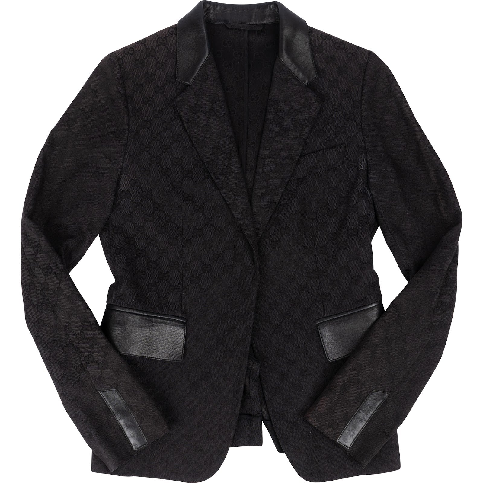[🔄️B33 / F74] Gucci Black GG Monogram Leather Trim Blazer - vintageandkickz