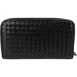 Bottega Veneta Black Intrecciato Leather Zip Around Wallet