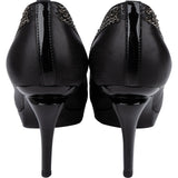 Chanel Black Leather Chain Trim Bow Cap Toe Platform Pumps (38)