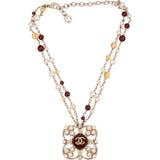 Chanel Double-Strand Gold Pearl Beads Cross Flower Pendant Necklace