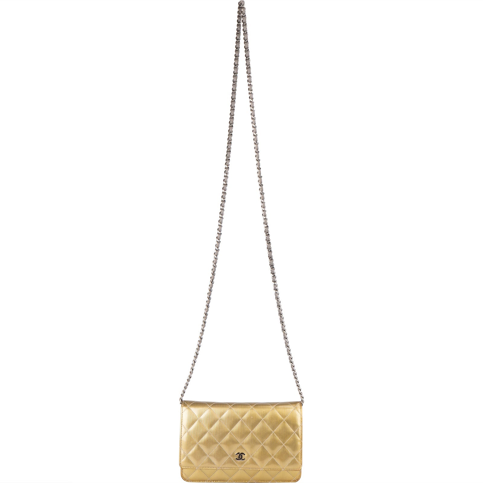 Chanel Ribbed Metallic Patent Leather Wallet On Chain Crossbody Bag - vintageandkickz