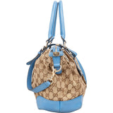 [🔄️B07 / F44] Gucci Blue Leather GG Canvas Sukey Medium Handbag - vintageandkickz